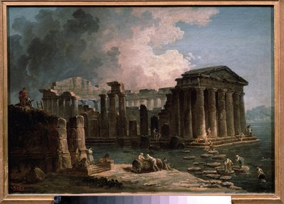 水に囲まれた寺院。 ヒューバート ロベール (1733-1808) の絵画、キャンバスに油彩、1780 年頃、フランスの芸術。 州立 A. プーシキン美術館、モスクワ。 作： Hubert Robert