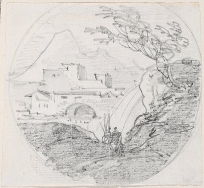 尾根から集落と遠くの山への眺め 作： Hubert Robert