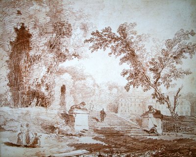 テラスのある庭の風景（紙に赤チョーク） 作： Hubert Robert