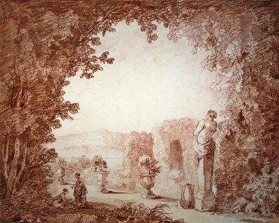 彫像のある庭の風景（紙に赤チョーク） 作： Hubert Robert