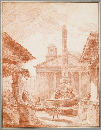 トリトンの噴水とパンテオンのファサードがあるローマのロトンダ広場の眺め 作： Hubert Robert