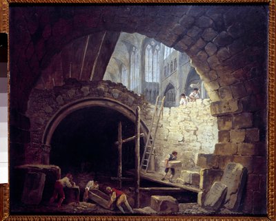 1793年10月、サン・ドニのバシリカにおける王たちの地下室への侵入。ユベール・ロベール（1733-1808）による絵画 作： Hubert Robert