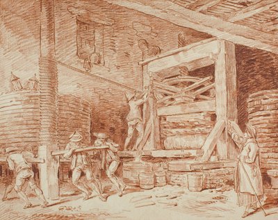 ワインプレス、c.1759（バフ敷き紙に赤いチョーク、クリーム敷きカードに敷き詰められた） 作： Hubert Robert