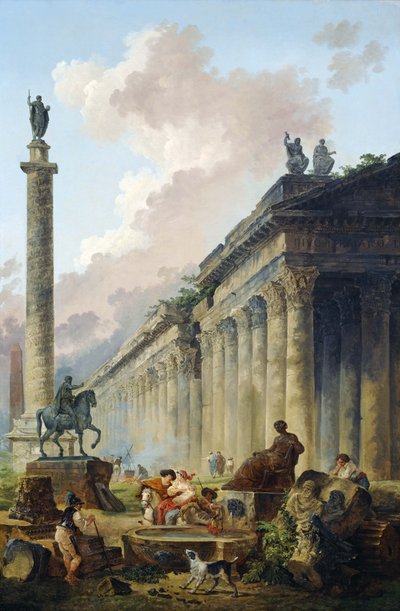 マルクス・アウレリウス騎馬像、トラヤヌス記念柱、神殿の見える空想のローマ景観 作： Hubert Robert