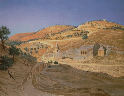 アラブ人と廃墟の寺院がある丘陵の風景 作： Hubert Sattler