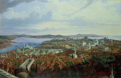 1844年にスレイマニエのCamiiからコンスタンティノープルのパノラマ 作： Hubert Sattler