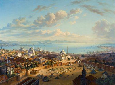 "Vue de Constantinople depuis la tour de Serasker (Bayezid ou Seraskier)" (バヤジットの火の塔から見たコンスタンティノープル) Peinture de Hubert Sattler (1817-1904) 油彩・キャンバス、74x101,5 - Private Collection 作： Hubert Sattler