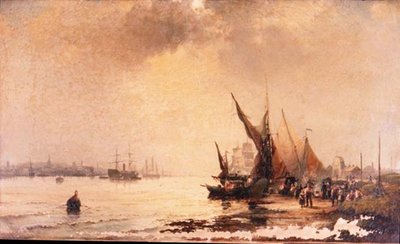 夜明けの穏やかな河口の風景の中で、岸辺の漁師たち 作： Hubert Thornley