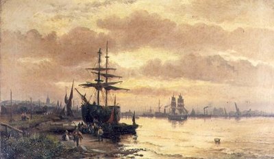 夕暮れ時の河口の岸辺の漁師たち 作： Hubert Thornley