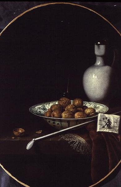 胡桃と煙草と土管のある静物画 作： Hubert van Ravesteyn