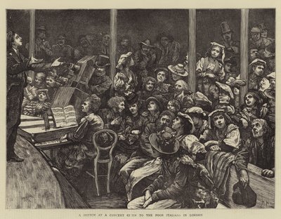 ロンドンの貧しいイタリア人に与えられたコンサートでのスケッチ 作： Hubert von Herkomer