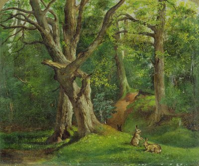 ウサギのいる森の風景、1862 作： Hubert von Herkomer