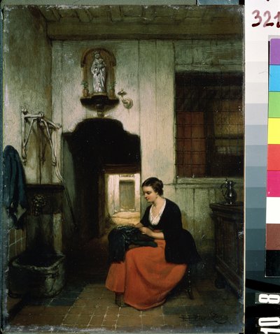 ""La brodeuse"" (刺しゅう師) ベルギーのインテリアで裁縫の仕事をしている若い女性。 Hubertus van Hove（1814-1865）による絵画1860 Mikhail Kroshitsky Art Museum、Sevastopol（Sevastopol）ウクライナ 作： Hubertus van Hove