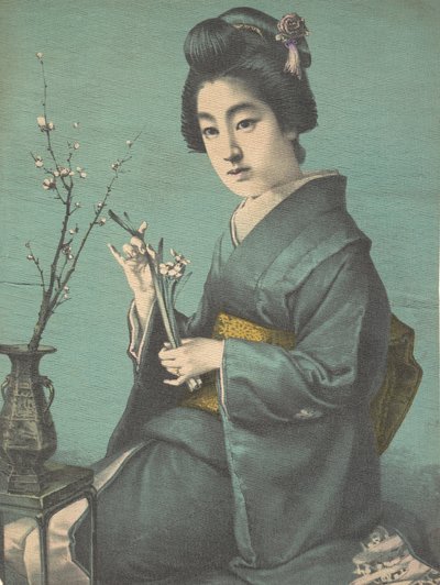 梅の花を持つ少女、カリフォルニア州。 1900年 作： Hugechi
