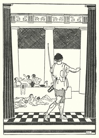 ペネロペの求婚者を殺すオデュッセウス（リトグラフ） 作： Hugh Chesterman