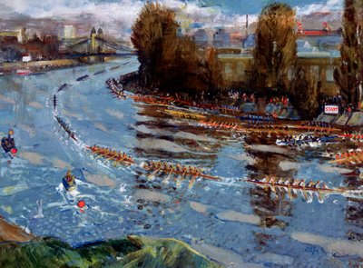 「学校のための川の頭」、1925 年頃、ロンドンのテムズ川での漕艇レース 作： Hugh Cronyn