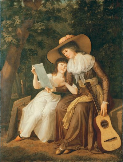 エルネ伯爵夫人のメアリーの二重肖像画と娘のキャロライン・クリクトン夫人、後にワーンクリフ夫人、フルレングス、着席、前者は茶色のドレスに黄色のサッシュを着て、大きなわらを身に着けている 作： Hugh Douglas Hamilton