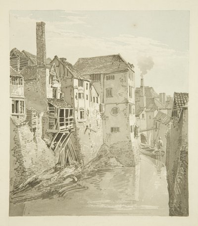 女王の橋からの城の溝と壁、左側の城壁、1820年 作： Hugh ONeill
