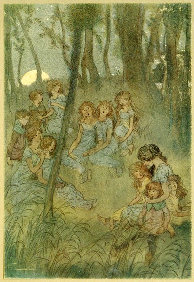 夜の牧草地の妖精たち、パブのウィンザーメリーワイブスから歌っているように見えます。 1910 作： Hugh Thomson