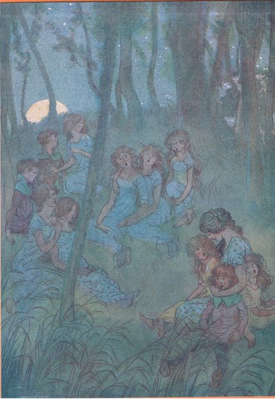 そして、毎晩の草原の妖精たち、歌ってみてください、ウィンザーの陽気な妻たちのイラスト、1910 作： Hugh Thomson