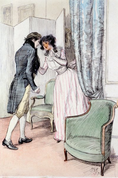 彼を少し脇に描く、ジェーン・オースティンによる「感覚と感性」のイラスト、1895年発行（紙にペンとウォッシュ） 作： Hugh Thomson