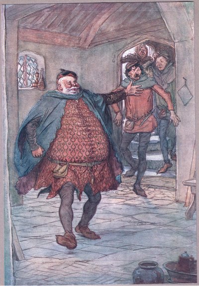 1910年ウィンザーの陽気な妻たちからのイラスト、ファルスタッフ、ピストル、ニムとバードルフを入力してください 作： Hugh Thomson