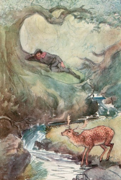 シェイクスピアの「お気に召すまま」のイラスト（カラーリトグラフ 作： Hugh Thomson