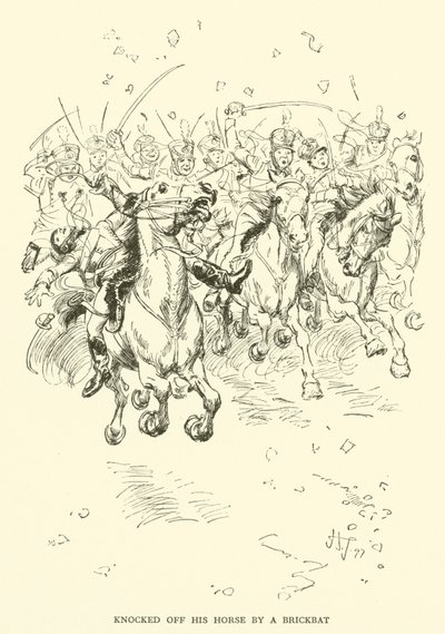 レンガバットで馬から落とされる（彫刻 作： Hugh Thomson