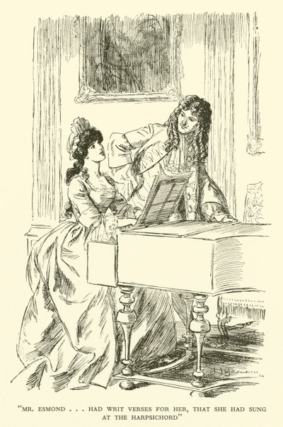 エズモンドは彼女のために詩を書き、彼女はチェンバロで歌った（彫刻）。 作： Hugh Thomson