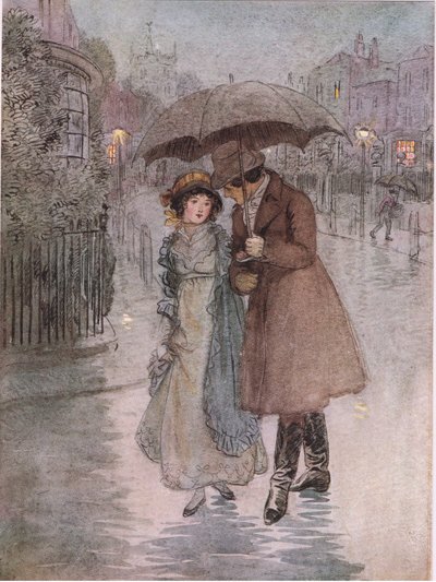 フィービー：「雨が降っていたので、顔が濡れていました。(リトグラフ) 作： Hugh Thomson
