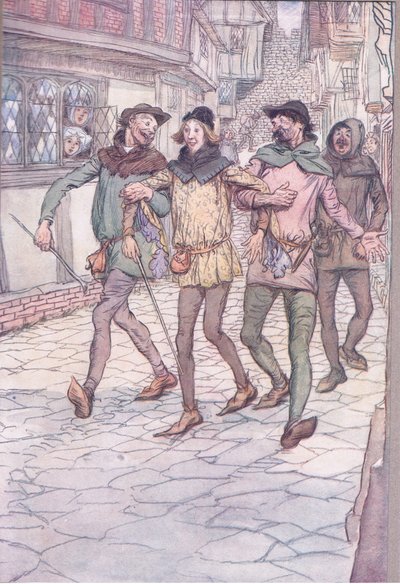 彼らは私を酒場に運びました、ウィンザーの陽気な妻たちのイラスト、1910 作： Hugh Thomson