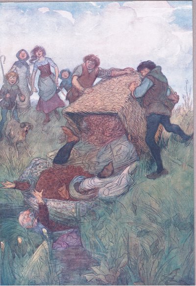 ウィンザーの陽気な女房たち」の挿絵「テムズ川に投げ込まれる」。 作： Hugh Thomson