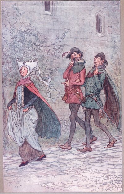 ブリジット夫人がファンのハンドルを失ったとき、ウィンザーの陽気な妻たちのイラスト、1910 作： Hugh Thomson