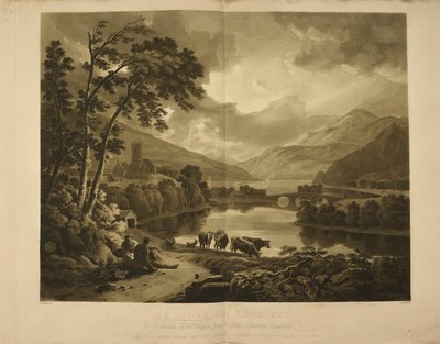 スコットランドのテイ湖のケンモアの景色を示す図。 ハイランドの湖と山の風景。 作： Hugh William Williams
