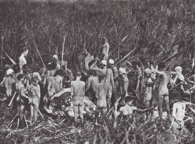 アフリカ象の死体とヌエル族のハンター（モノクロ写真） 作： Hugo Adolf Bernatzik