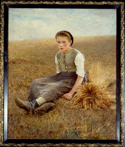 干し草に座るスウェーデンの小作人。ヒューゴ・サルムソン（1844-1894）による絵画 1886年 日。1,34x1,10 m ナント、ミュゼ・デ・ボザール - 小さな採集人。干し草の中に座っているスウェーデンの小作人。ヒューゴ・サルムソン(1844-1894)の絵画 作： Hugo Salmson
