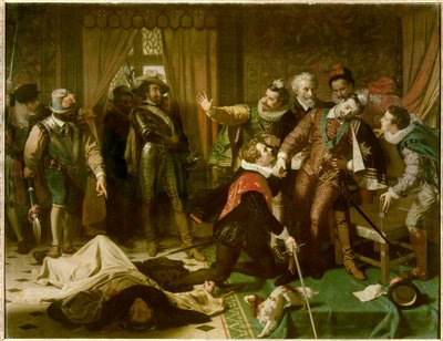 8月1日、ヘンリー3世（1551-1589）を、カトリック連盟のドミニカ人宗教支援者ジャック・クレメント（1567-1589）が暗殺する。 作： Hugues Merle
