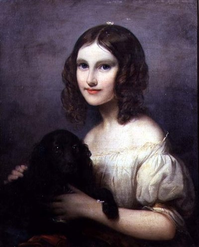 ペットの犬と少女の肖像 作： Hugues Merle