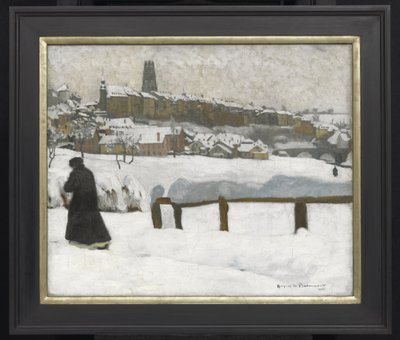 雪の中のフライブルク、1920年頃（canvsdに油彩） 作： Hugues de Beaumont