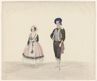 時代衣装を着た男女、1841年 1841年の仮装舞踏会のための歴史的衣装の6枚の水彩画（シリーズタイトル） 作： Huib van Hove Bz