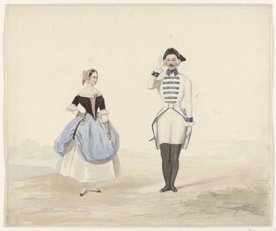 時代衣装を着た男女、1841年 1841年の仮装舞踏会のための歴史的衣装の6枚の水彩画（シリーズタイトル） 作： Huib van Hove Bz