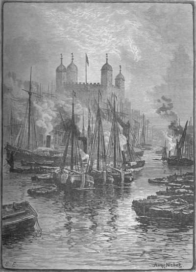 ロンドン橋からの塔の眺め、1890 作： Hume Nisbet