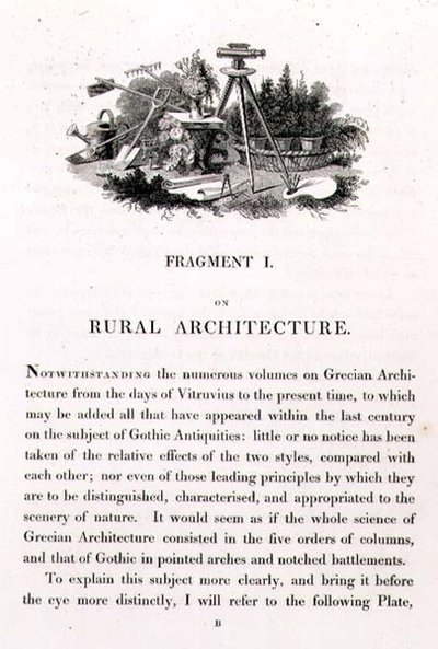 ランドスケープ・ガーデニングの理論と実践に関する断片」のイラスト。1816年（リトグラフ） 作： Humphry Repton