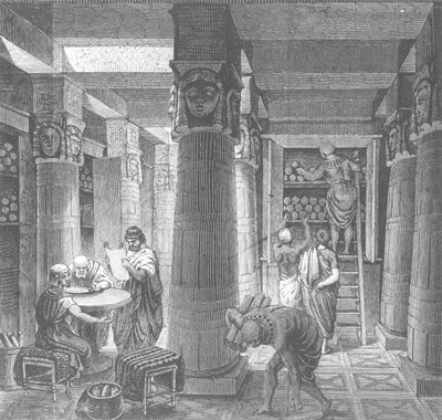 1880年、ジェネラルデピュープル史からエジプトのアレクサンドリアにあるプトレマイオス図書館を想像上再現 作： Hungarian School