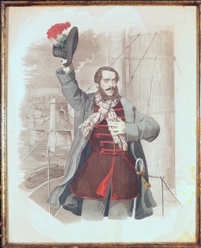 1849年、ブダペストの鎖橋でのラホスコシュート（1802-94）の肖像 作： Hungarian School