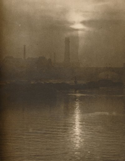 「ウォータールー橋のそばのサリー海岸のロンドンの夕べの霧」、1935 年頃。 作： Huson