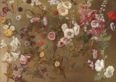 カーネーション、ピンクッション花、跳ねる賭け、ゼニアオイを含む花の研究の構成。タチアオイ、アフリカのマリゴール、ワスレナグサ 作： Hyacinthe Francois Rigaud