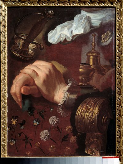 交差した手、布、花、ベル、エペの研究 ヒャカンテ・リゴー（1659-1743）の絵画 18世紀 ルーアン、ボザール美術館 作： Hyacinthe Francois Rigaud