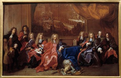 1687年の戦争の後、ホテル・ドゥ・ヴィルでルイ14世に提供された晩餐会の記念について審議するパリ市のプレヴォとエシュヴァンたち。ヒャカンテ・リゴー（1659-1743）の絵 作： Hyacinthe Francois Rigaud