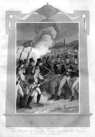 1816年のメイダの戦いで銃剣を使ってフランス軍を攻撃するイギリス軍。 作： I. Brown